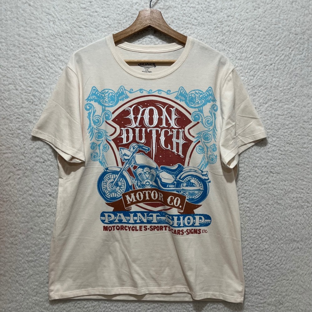 Von Dutch Motor Co Paint Shop Graphic T Shirt Cream Mens L/G Motorcycle
